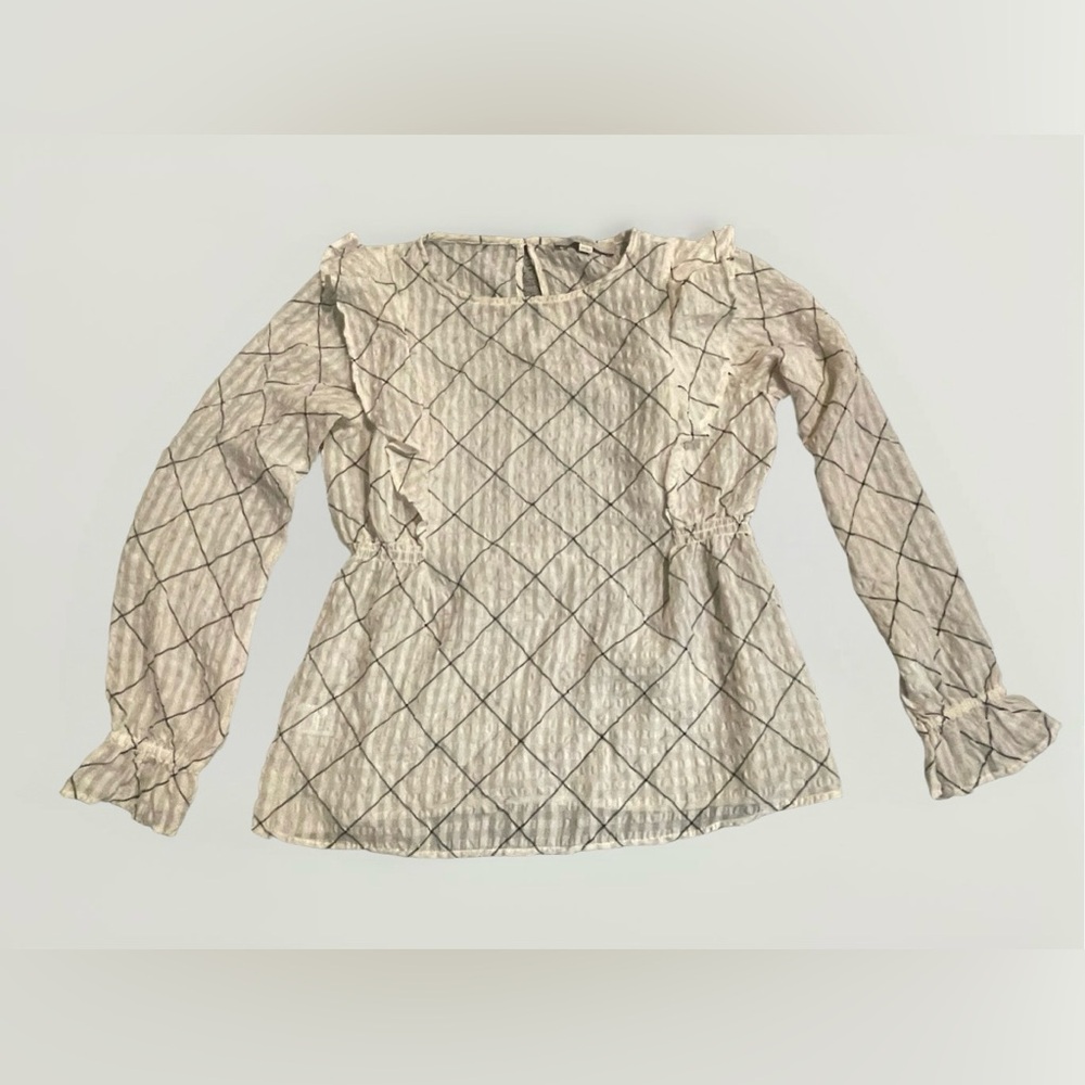 Loft sheer ruffle long sleeve layering striped texturized top XS cinched blouse